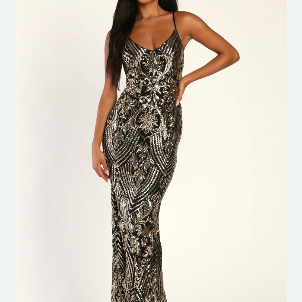 Elegant Black and Gold Sequin Gown Dress Floor Length Gown Black Tie